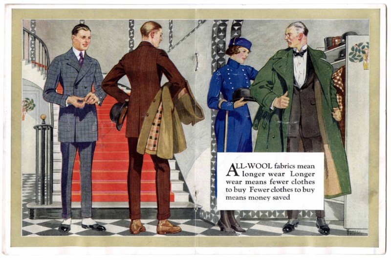 1920s Mens Fashion Catalogue Coats Suits Suits with broad shoulders and pinched waists made for a sartorial impression from Hart, Schaffner, and Marx Clothing Company at The Wm H. Block Company.