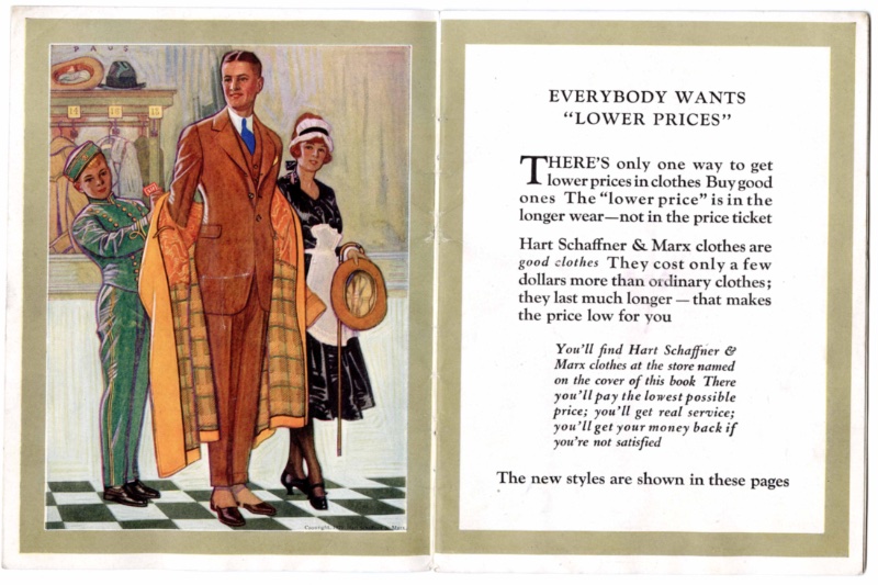 1920s Mens Fashion Catalogue Fashionable pages from a 1920s catalog featuring Hart, Schaffner, and Marx Clothing Company menswear sold at The Wm H. Block Company in Indianapolis, Indiana.