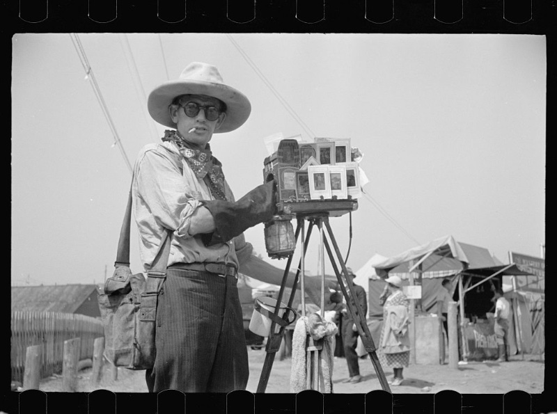1930s Mens Fashion Tintype Photographer Tin-type photographer Carl Mydans at the Morrisville, Vermont fair circa August 1936.