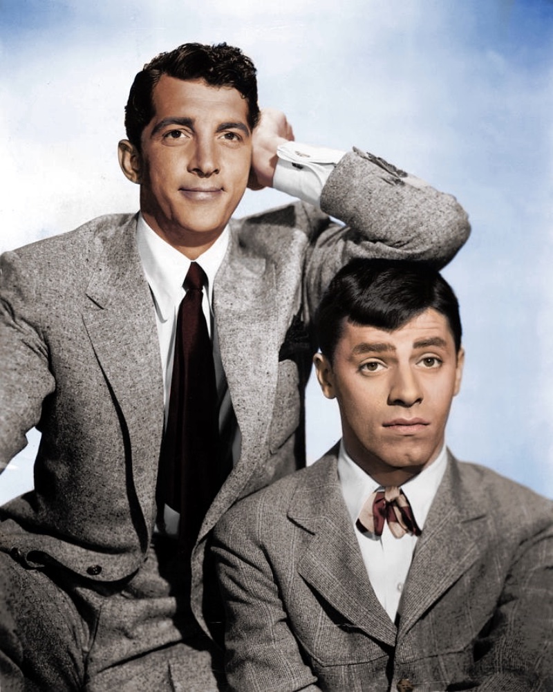 50s Fashion Men Dean Martin Jerry Lewis Dynamic duo Dean Martin and Jerry Lewis appear in a colorized portrait circa 1950.