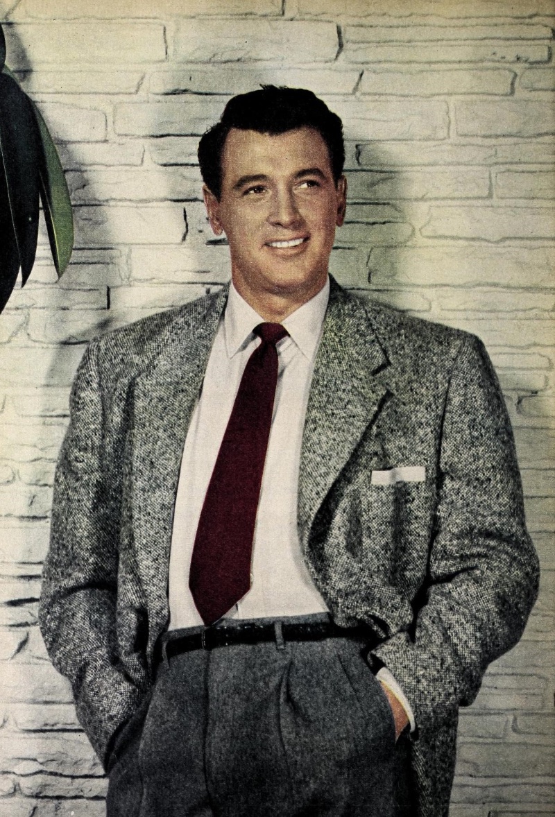 50s Fashion Men Rock Hudson 1955 Tweed Tailoring Rock Hudson wears a tweed sport coat in a 1955 picture by Ray Jones.