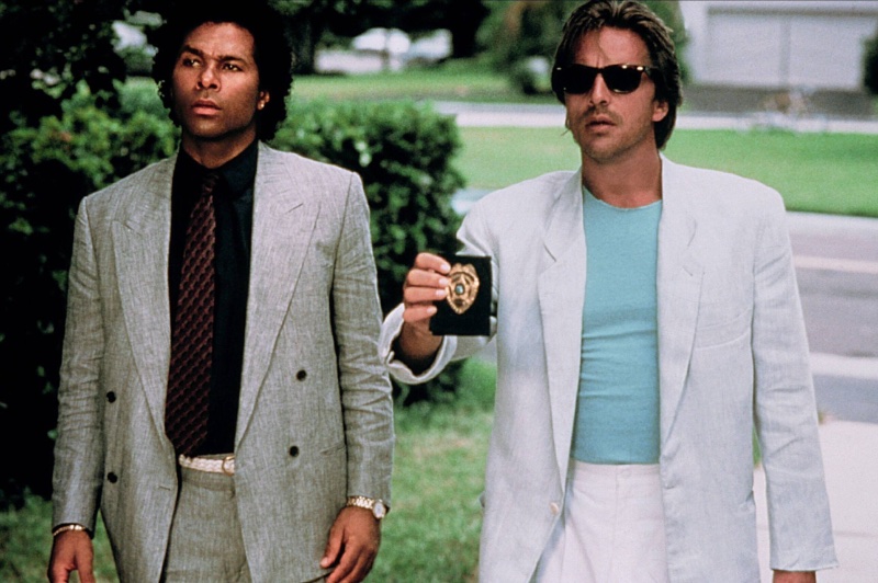 80s Fashion Men Miami Vice Actors Philip Michael Thomas and Don Johnson portray Detective Ricardo Rico Tubbs and Detective James Sonny Crockett in the iconic 80s television series Miami Vice.