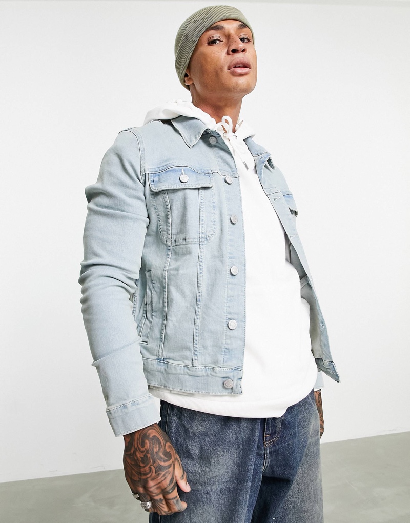 ASOS Design Skinny Western Denim Jacket Bleach Wash Men ASOS Design Skinny Western Denim Jacket Bleach Wash Men