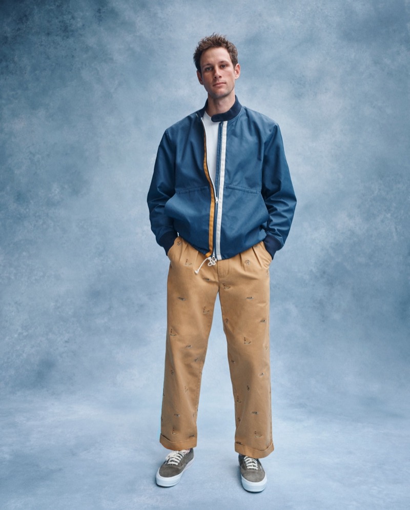 BEAMS PLUS x JCrew Collection 2024 007 Drew Austin sports a BEAMS PLUS x J.Crew boat jacket with relaxed-fit pleated chino pants.