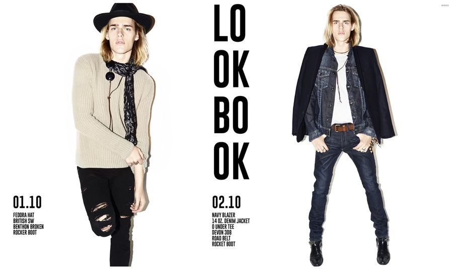 Bowen Fall 2015 Look Book Take a cue from the rock inspired collection of Bowen. Model Ton Heukels wears a sharp blazer over his denim jacket.