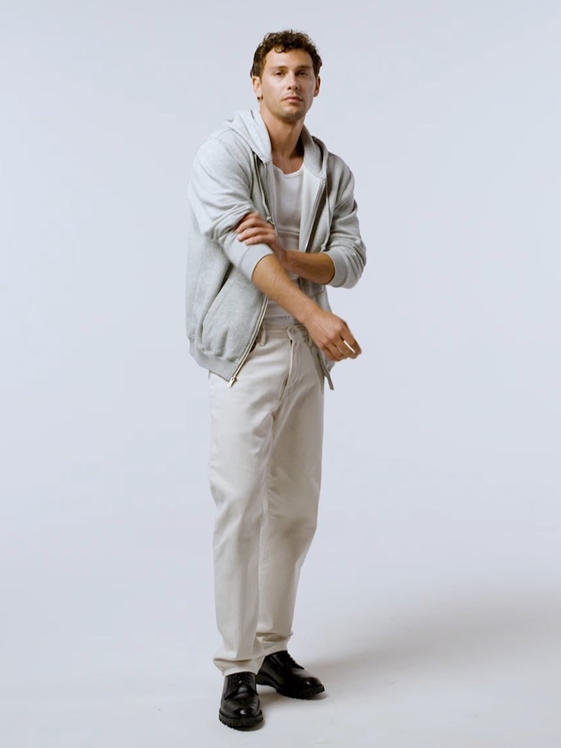 Gap Summer 2024 001 Going casual, Cooper Koch rocks a Gap Vintage Soft hoodie, ribbed tank, and straight jeans.