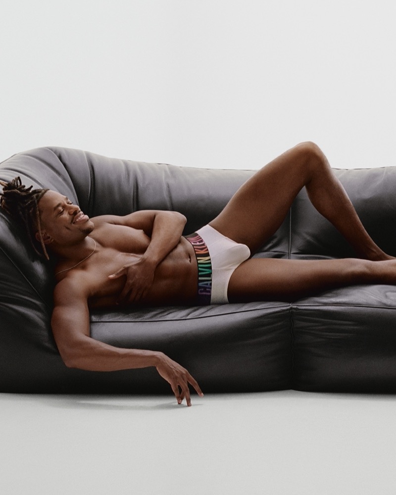Jeremy Pope Calvin Klein Pride Campaign 2024 003 Reclining, Jeremy Pope wears the Intense Power Pride sports brief for Calvin Klein's 2024 Pride campaign.