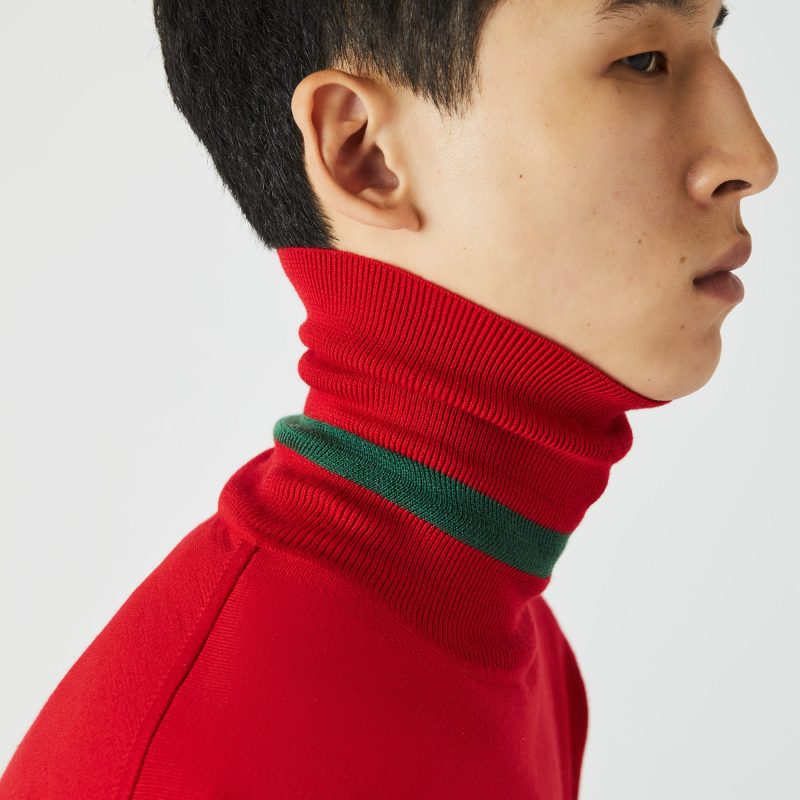 Lacoste Red Merino Wool Turtleneck Sweater Men Find extra protection from the cold with a turtleneck sweater.