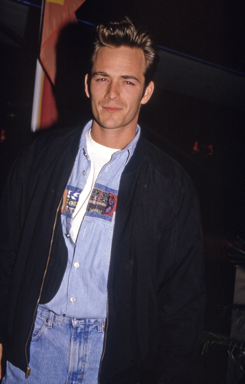 Luke Perry Bomber Jacket Denim Jeans 1991 Mens Fashion Luke Perry sports a bomber jacket with denim jeans in this picture, circa 1991.