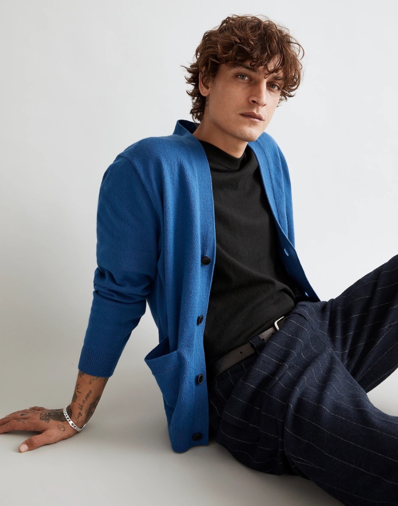 Madewell Blue Cotton Merino Wool Blend Cardigan Sweater Men Madewell Blue Cotton-Merino Wool Blend Cardigan Sweater Men
