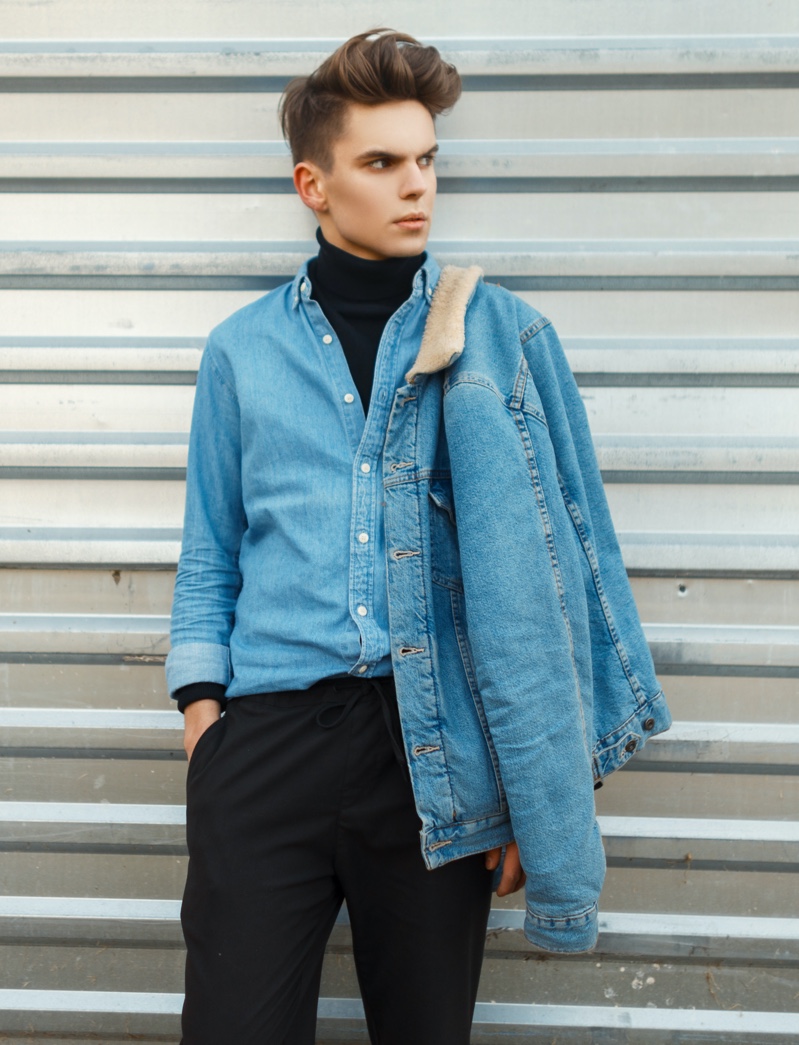 Man Denim Jacket Denim Shirt Turtleneck Style 1 Man Denim Jacket Denim Shirt Turtleneck Style