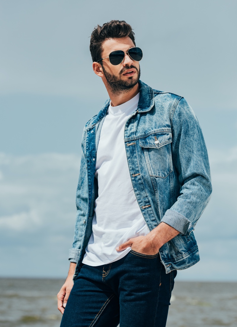 Man Denim Jacket T shirt Jeans Sunglasses Denim Jacket T-shirt Indigo Jeans Mens Style