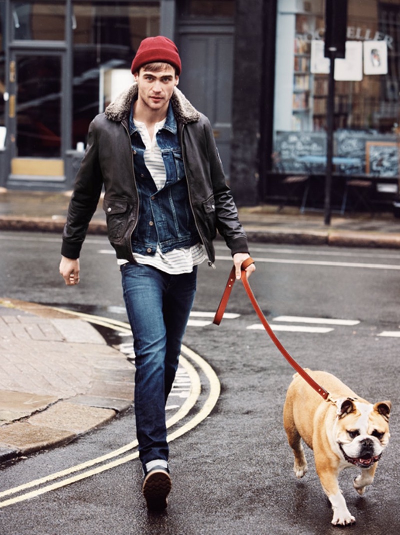 Pepe Jeans Leather Jacket Denim Jacket Layering Man Walking the dog in a Pepe Jeans look, George Alsford wears a leather jacket over his denim.