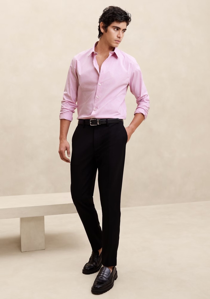 Pink Dress Shirt Trousers Outfit Banana Republic A pink dress shirt paired with black trousers creates a polished look.