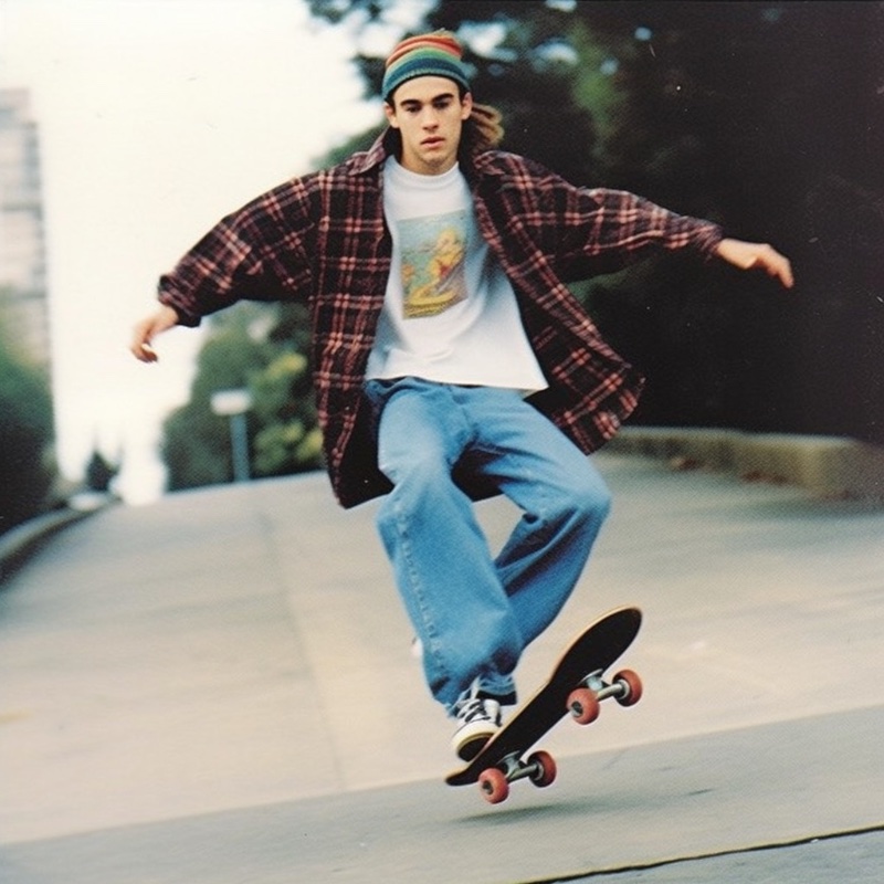 Skateboarder 90s Fashion Men Baggy jeans and laid-back style embodied the nineties skater.