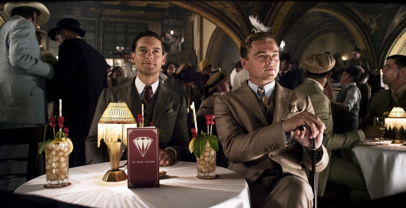 The Great Gatsby 2013 001 Actors Tobey Maguire and Leonardo DiCaprio don elegant suits for 2013's The Great Gatsby.