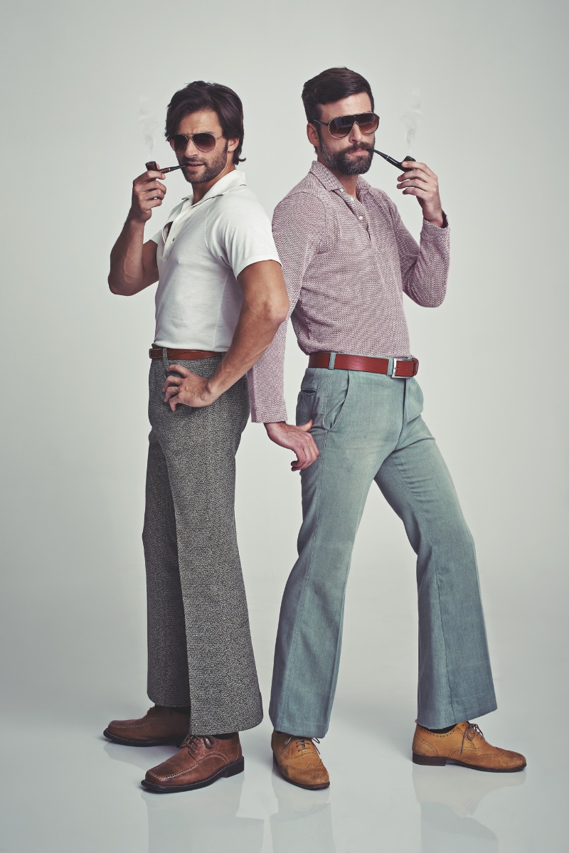 Two Men 1970s Style Flared Pants Outfits male model wide leg trousers 1970s style